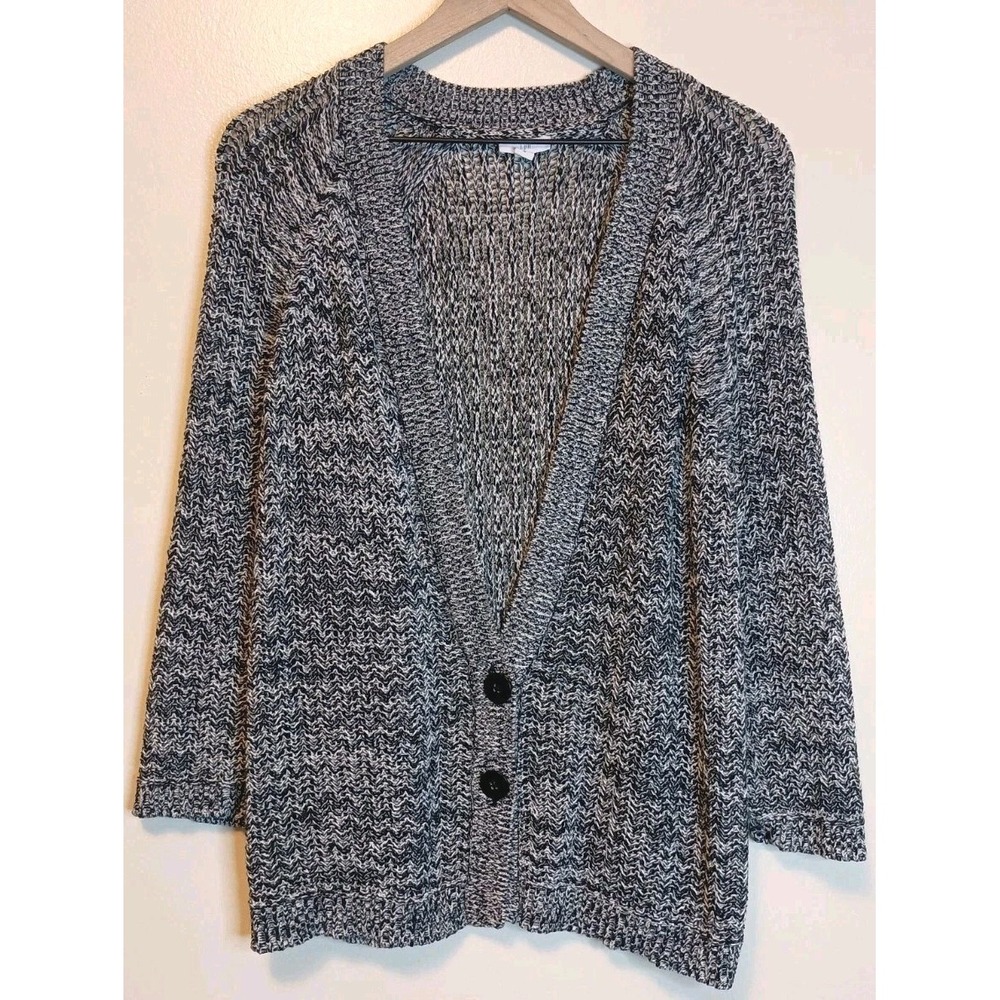 J.Jill Cardigan Womens M Black White Marled Chunky Knit Cotton Button Sweater